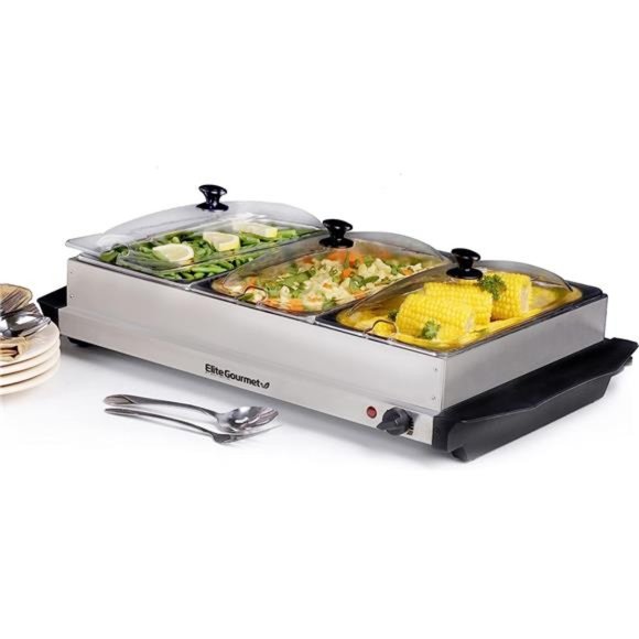 Elite Gourmet Triple 3 x 2.5 Qt. Trays, Buffet Server, Stainless Steel - Picture 1 of 7